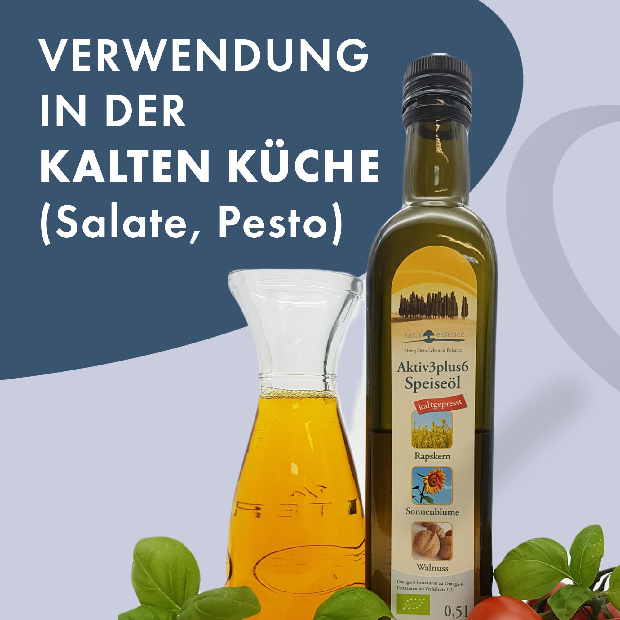 Sana Essence Bio Aktiv 3+6 Speiseöl | kaltgepresstes Pflanzenöl mit Omega-3 & Omega-6 | Raps-, Sonnenblumen- & Walnussöl | ideal für Salate & Rohkost 6 x 500ml