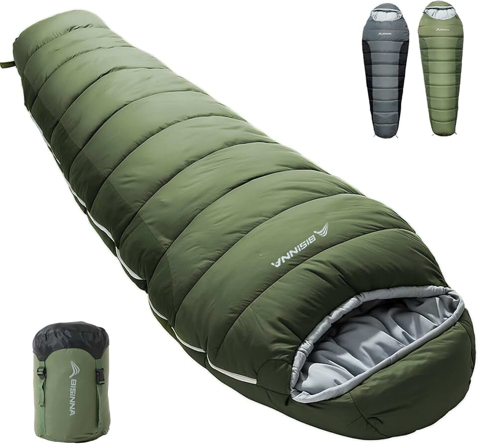 BISINNA Saco de Dormir Momia Adulto Impermeable -10°C a 5°C [400GSM] 4 Estaciones Invierno, Cremallera YKK para Senderismo, Camping, Trekking y Viajes​