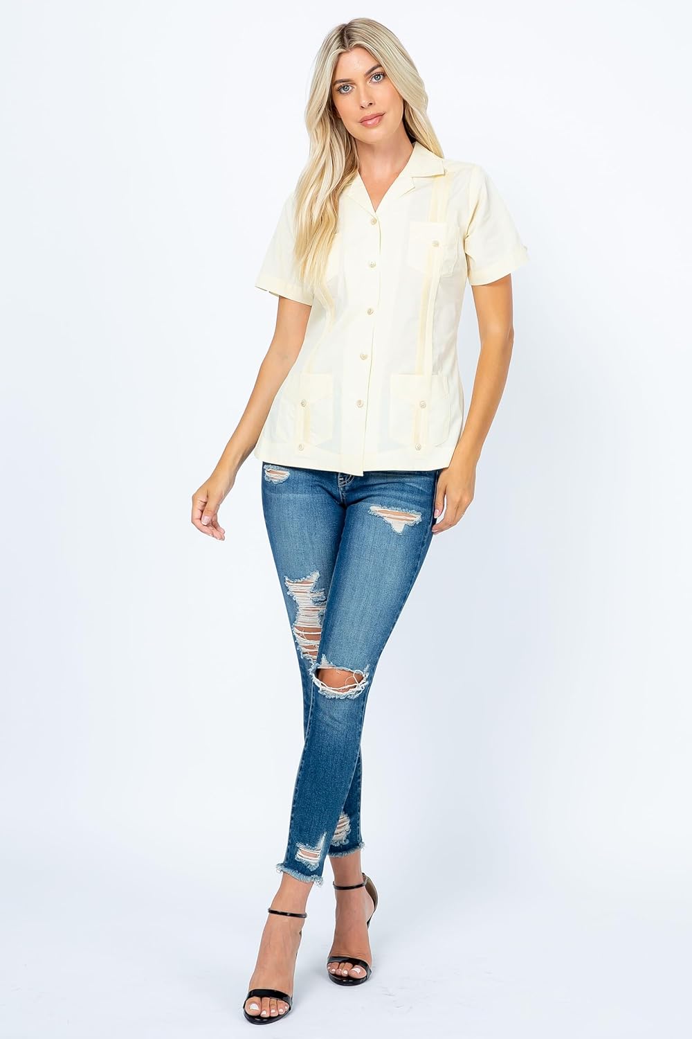 Mojito Collection Women's Cotton Blend Classic Short Sleeve 4-Pocket Guayabera - Image 3