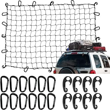 4x6 Pickup Truck Bed Cargo Net, Heavy Duty Bungee Cargo Net Stretches to 10 x 15 Roof Rack Net with 4"x4" Mesh Grid and 12 Metal Carabiners