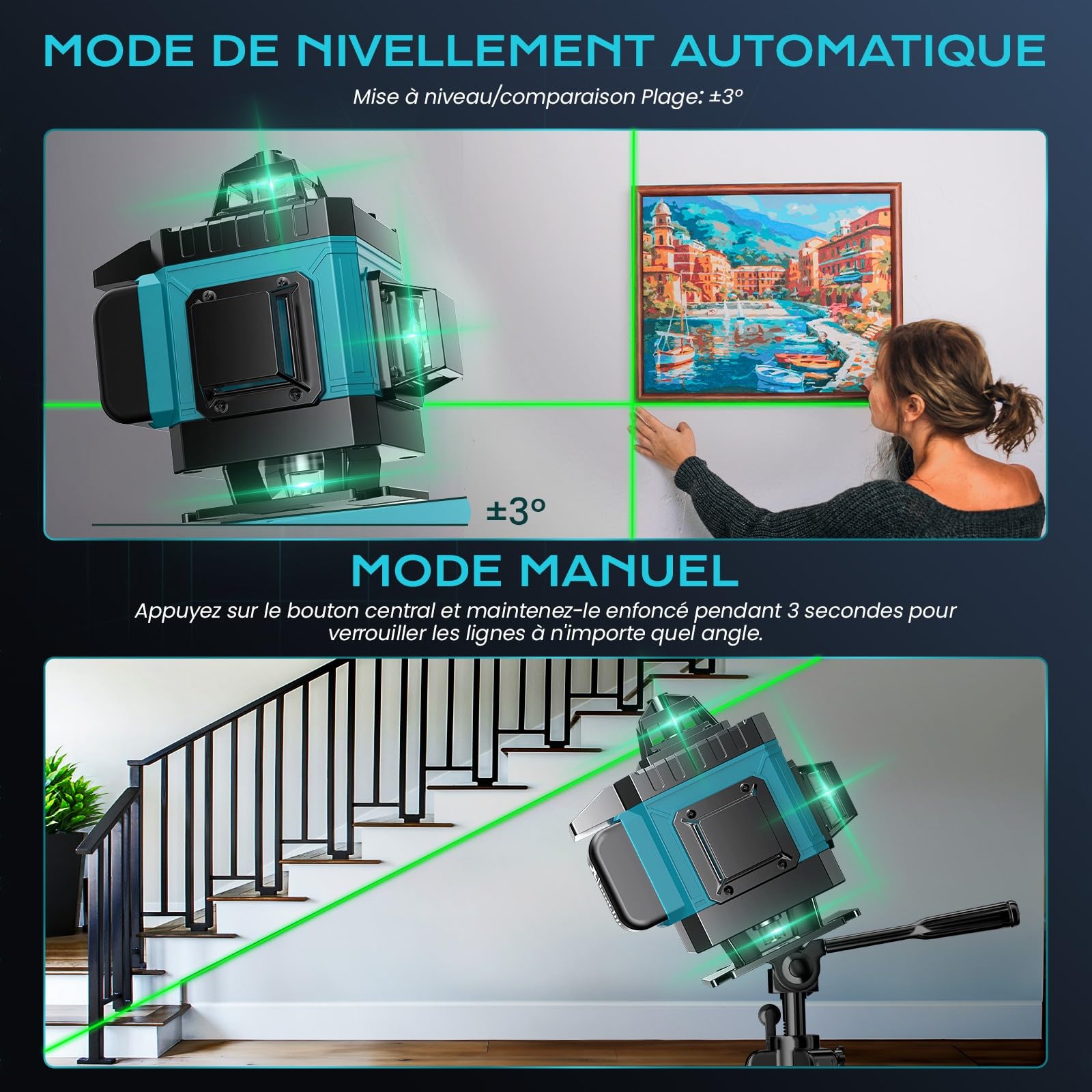 Niveau Laser Chantier Autonivelant 360° x 4, Lazer Niveaux 4D 16 Lignes Laser, Autonivellement et Mode Pulsé Extérieur, 2 x Batterie, Nivellement Automatique, Support Rotatif, Télécommande