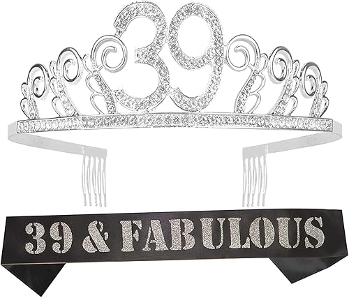 MEANT2TOBE Banda y tiara de cumpleaños número 39 para mujer, fabulosa banda con purpurina + ondas de diamantes de imitación plateadas, tiara de