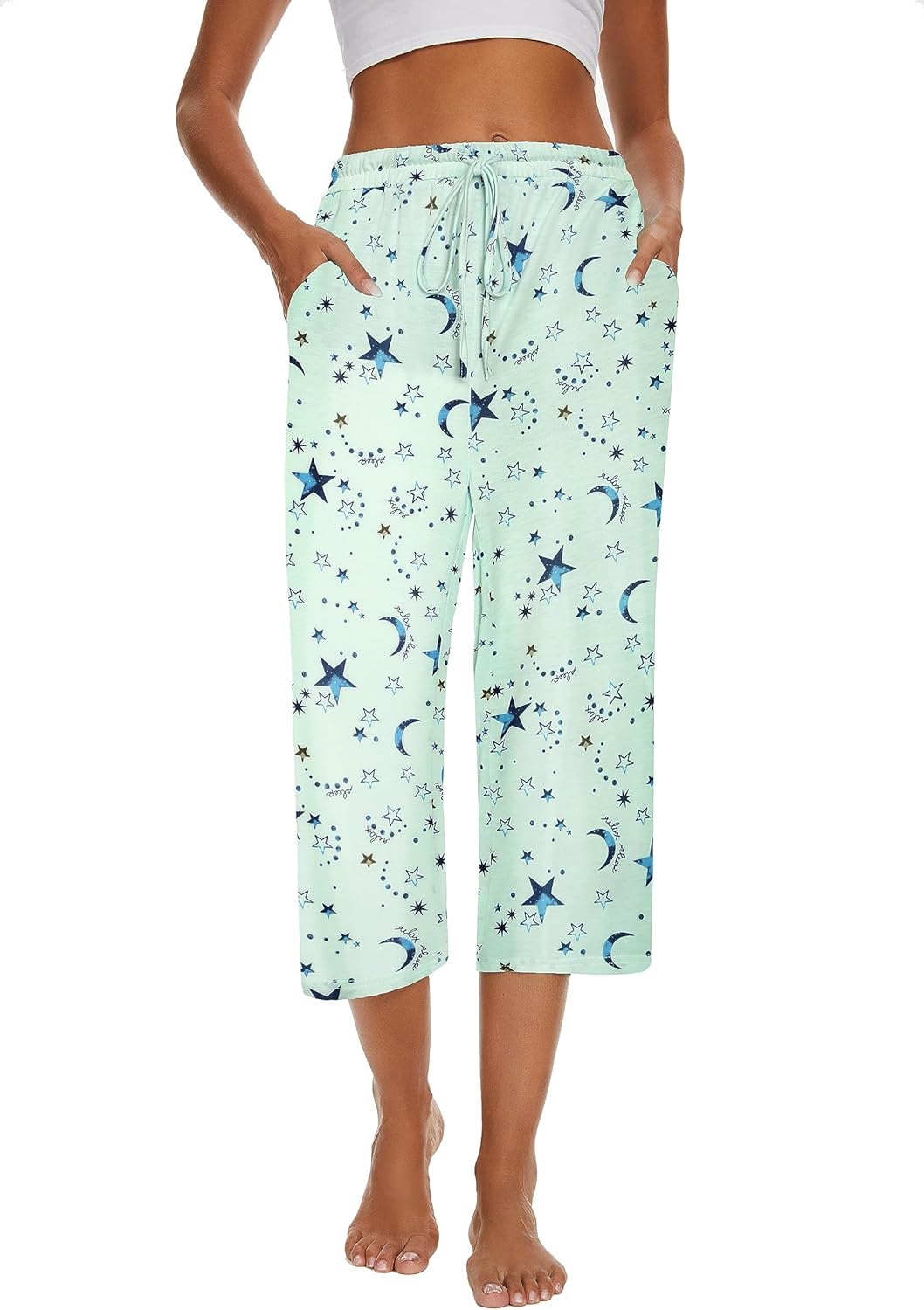 2 Pack Womens Pajama Pants Capri Sleep Lounge Pants Drawstring Pj Bottoms with Pockets - Image 5