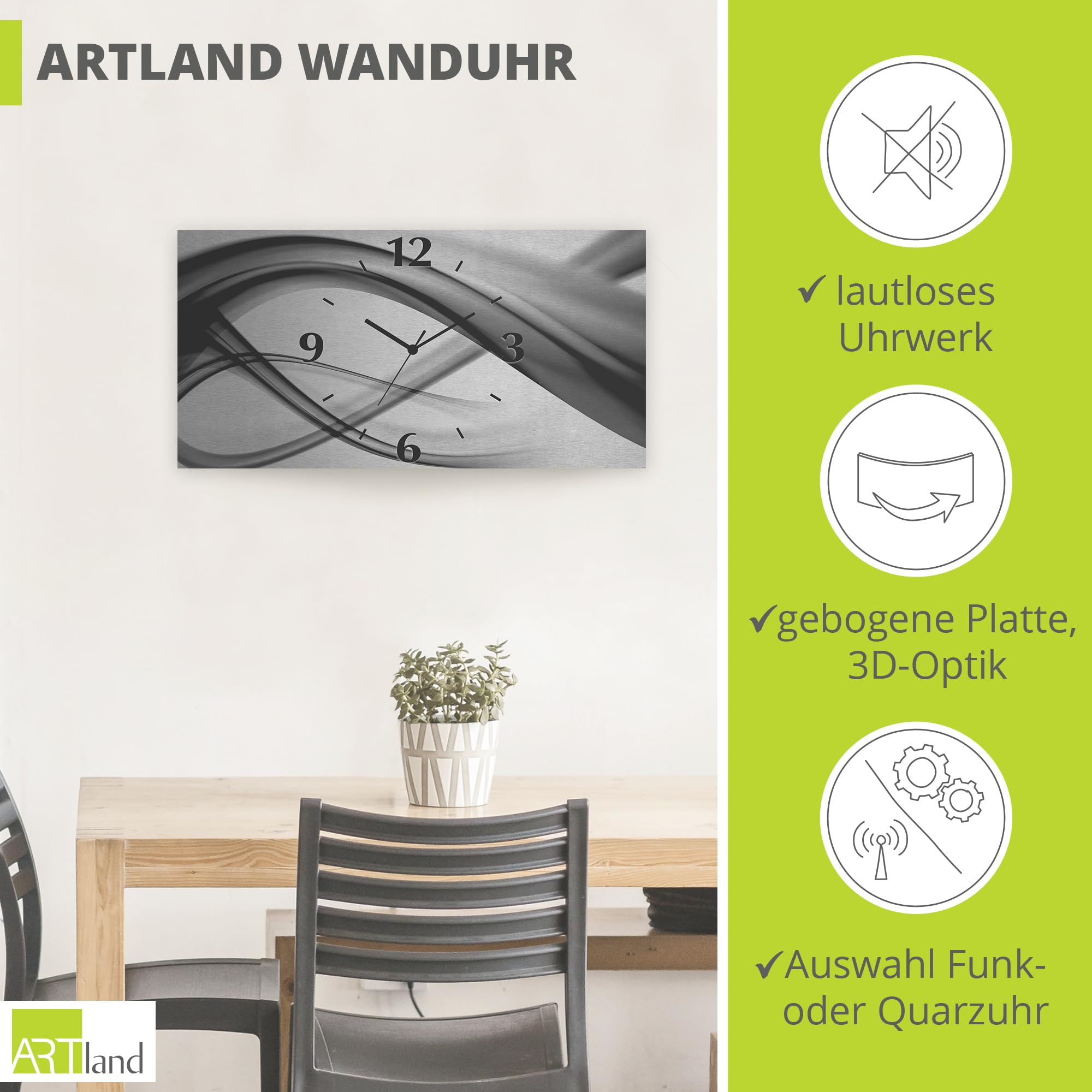 ARTLAND Wanddeko Wanduhr ohne Tickgeräusche Alu Funkuhr 50x25 cm Eckig Lautlos 3D Design Welle Abstrakt Modern Kreativ Ausgefallen S7KQ