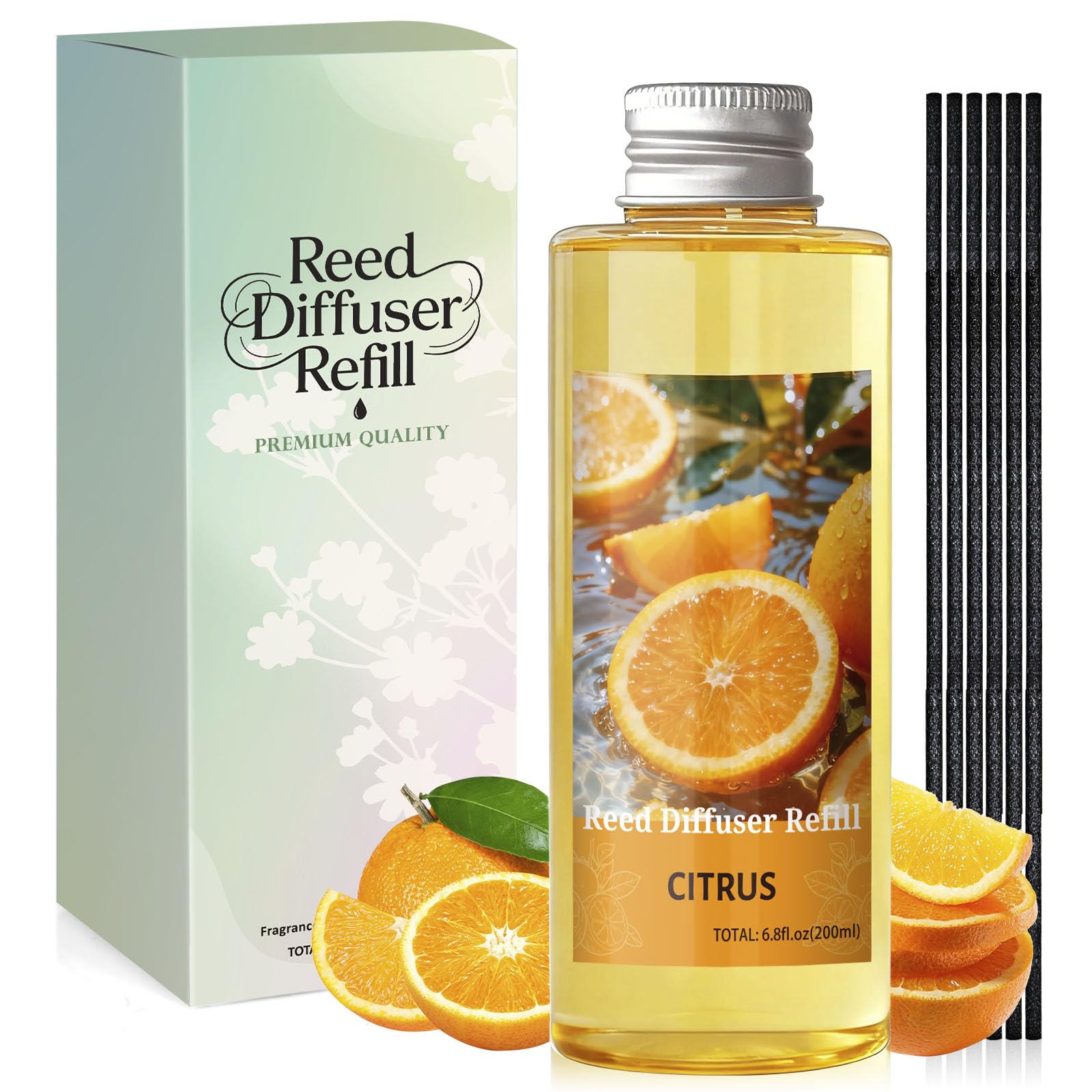 Scent-Hi Reed Diffuser Refill 200ml - Citrus Scented Oil Refill for Reed Diffuser with 6 Rattan Sticks, Long-Lasting Orange Home Fragrance for Living Room, Bedroom & Bathroom