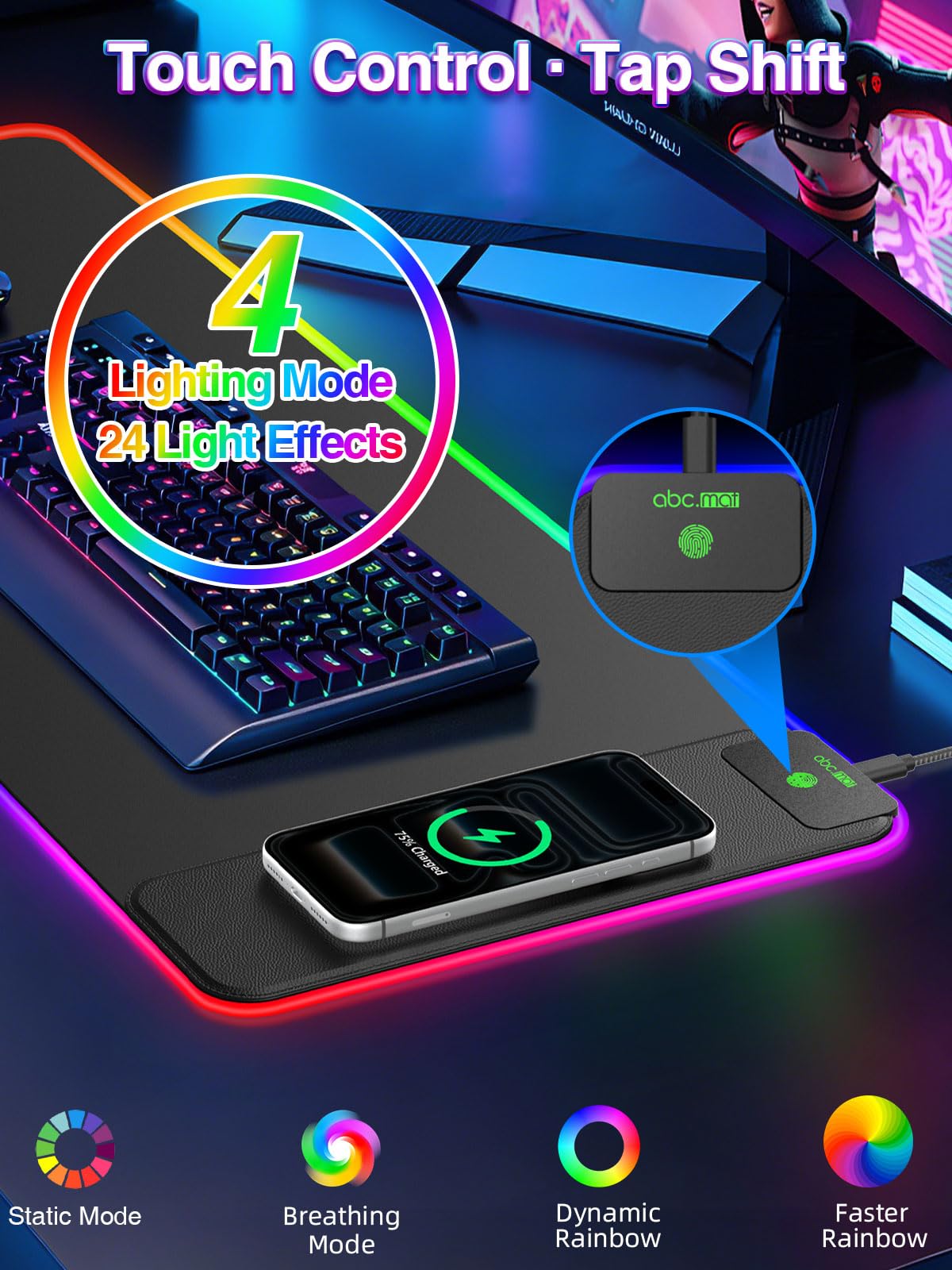 Alfombrilla de mouse RGB para juegos con cargador inalámbrico magnético de 15 W, alfombrilla de escritorio LED grande de 31.5 x 11.8 pulgadas, 24 efectos de iluminación con base de goma antideslizante