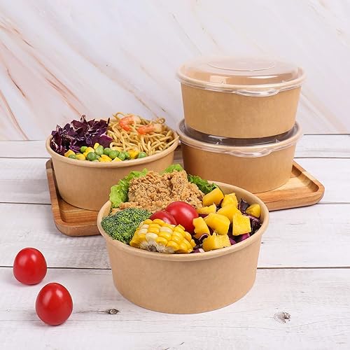Miniatura 3 de Cuencos desechables de papel kraft de 25 onzas con tapas, recipientes de alimentos, cuencos de sopa, suministros de fiesta, cuencos de golosinas,