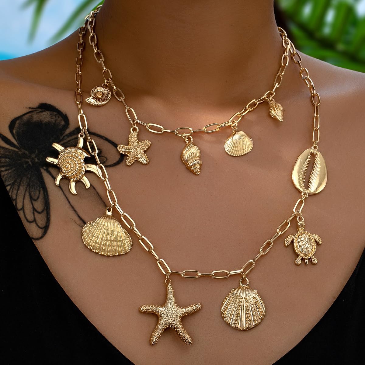 Gold Boho Layered Shell Necklace for Women Bohemian Starfish Turtle Conch Pendant Charm Necklace Double Layer Beachy Ocean Jewelry for Summer Vacation - Image 2