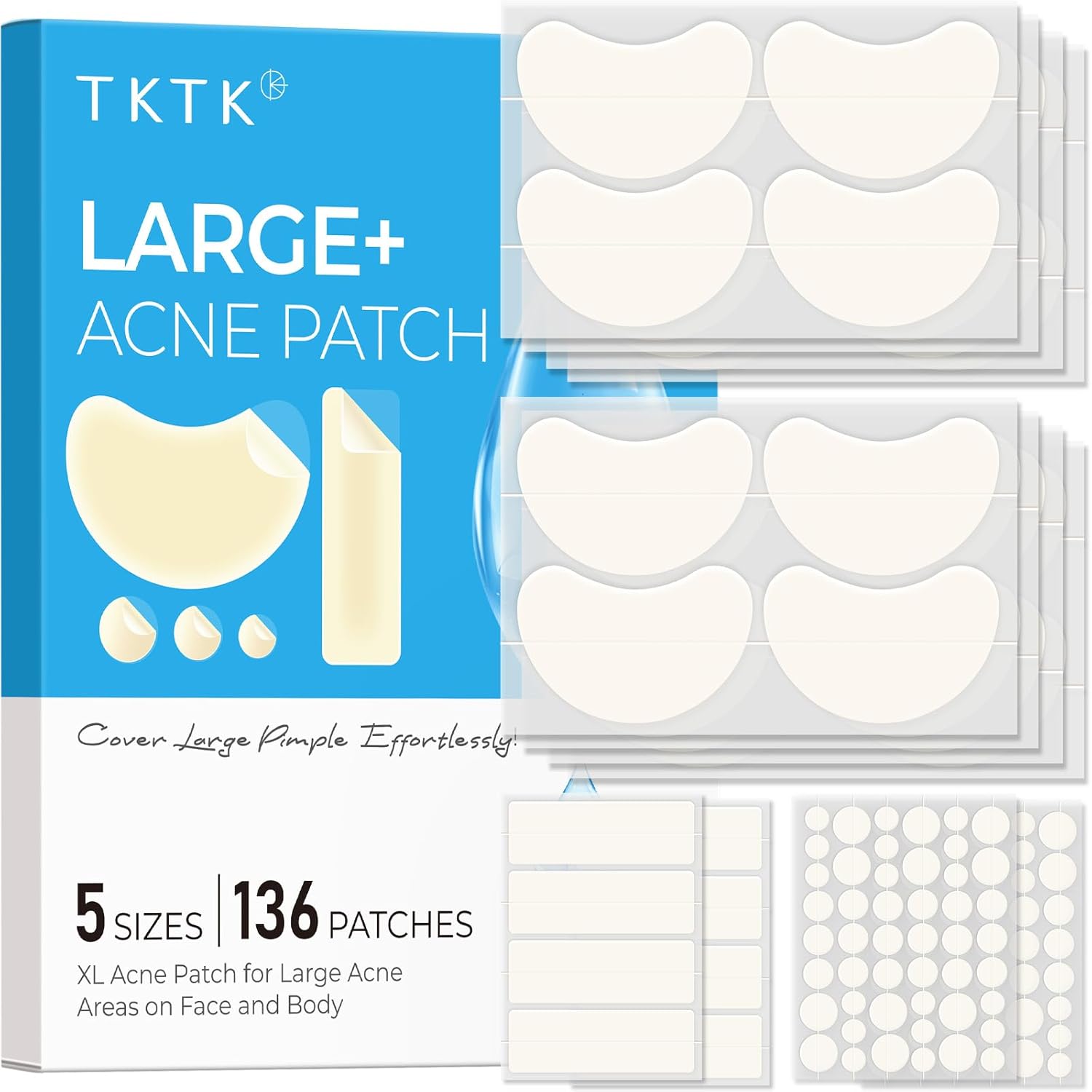 TKTK Large Hydrocolloid Chin Pimple Patches for Face XL Contoured Acne Patch for jawline Zit Breakouts Pore Cleaning