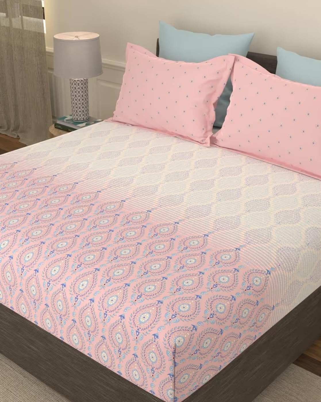 Portico New York Super King Size Flat 100% Cotton Super Soft Bedsheet with 2 Pillow Covers Royale (Pink)-image-2