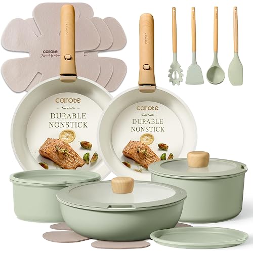 CAROTE 19pcs Pots and Pans Set Non Stick, Detachable Handle Cookware, Green