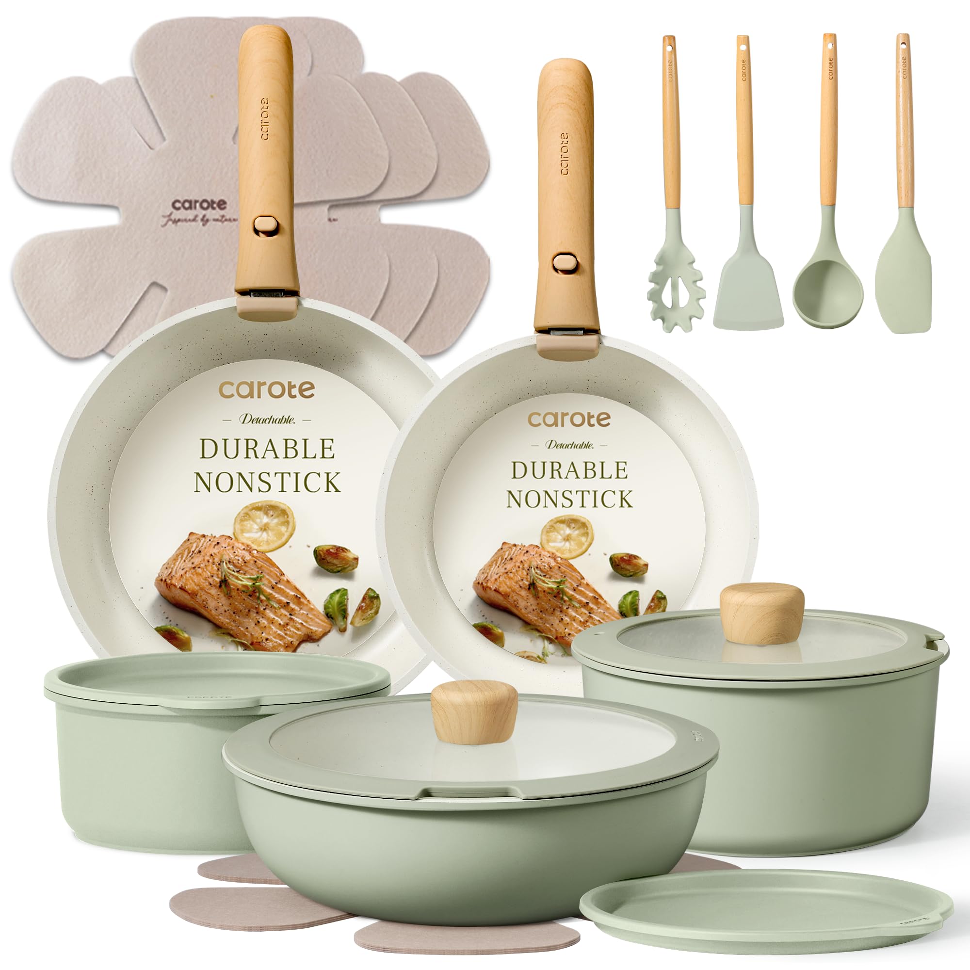 CAROTE Lot de casseroles et poêles, ensemble de ustensiles de cuisine antiadhésifs avec poignée détachable, 19 pièces, ustensiles de cuisine pour induction avec poignée amovible, ensemble de cuisine