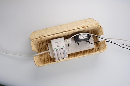 Miniatura 2 de PEMAR Caja de gestión de cables de mimbre de ratán natural, organizador de cables, 2 ranuras abiertas, organizador de cables debajo del escritorio,