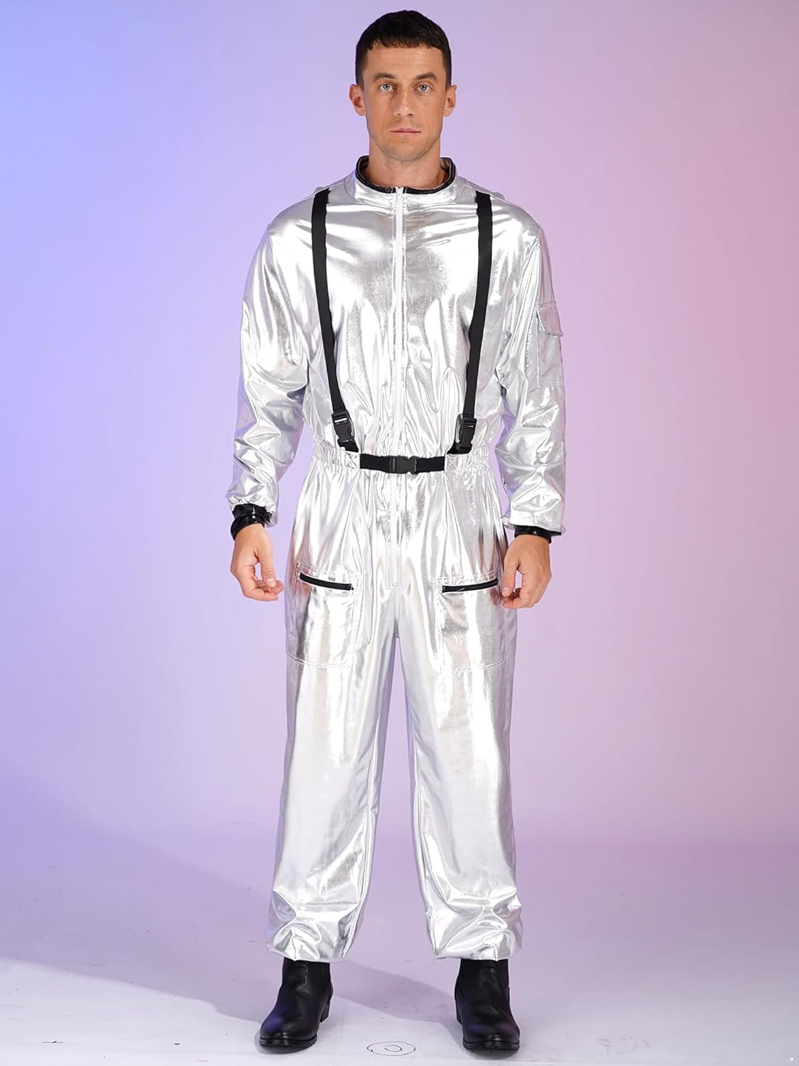 Adult Astronaut Spaceman Costume Shiny Metallic Space Suit Jumpsuit Halloween Role Play Costume
