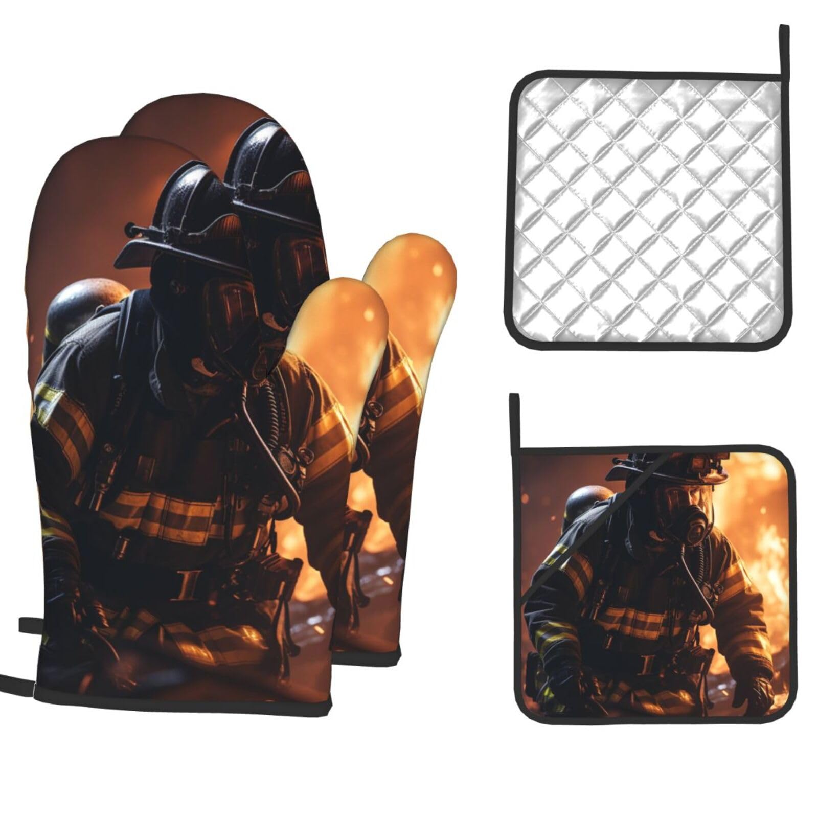 Oven Mitts and Pot Holders Sets of 4 Heat Resistant Kitchen Gloves Firefighter Fireman Flame Oven Mitts BBQ Gloves Oven Gloves and Hot Pads Non-Slip Potholders for Kitchen Baking Cooking
