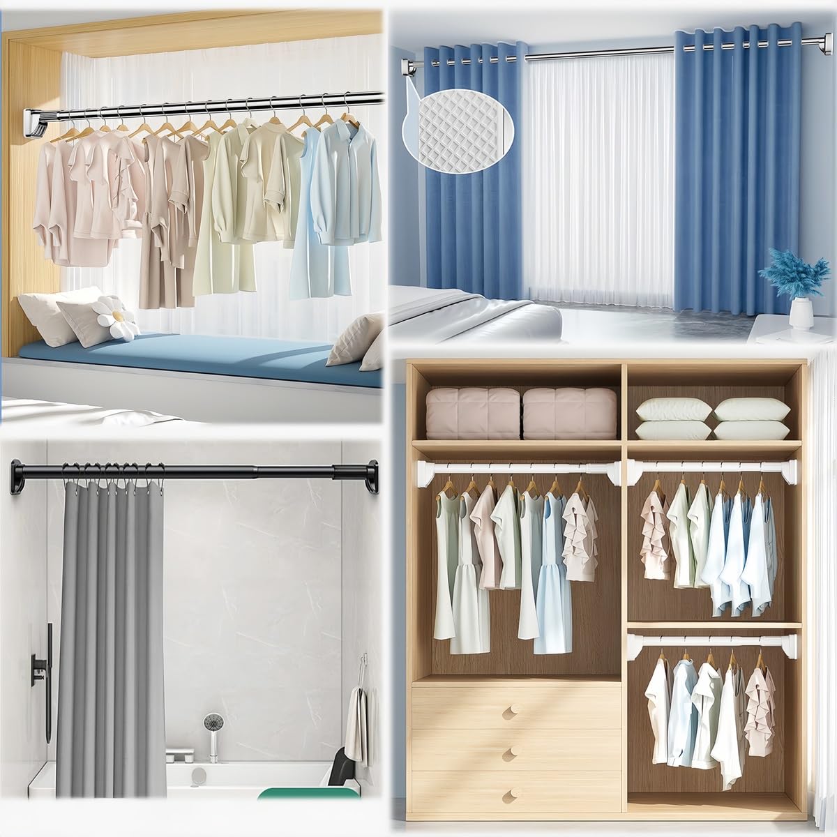 Barra de ducha extensible negra sin taladrar para baño y dormitorio, 110-200 cm, diseño moderno
