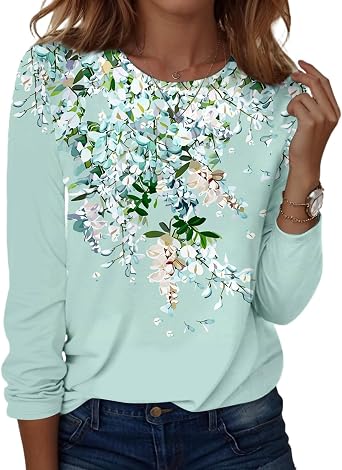 Womens Long Sleeve Shirts Plus Size Trendy Crewneck Sweatshirts Pullover Oversized Spring Summer Graphic Blouses