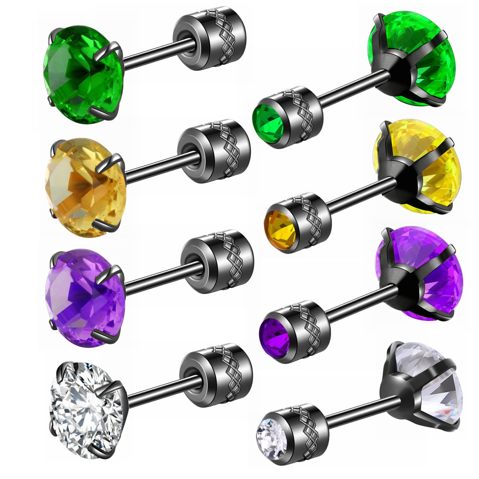 ZQGOFPT 4 Pairs Titanium Flat Back Earrings for Women Men, Surgical Stainless Steel 5A Cubic Zirconia Stud Earrings Double Side CZ Sleeper