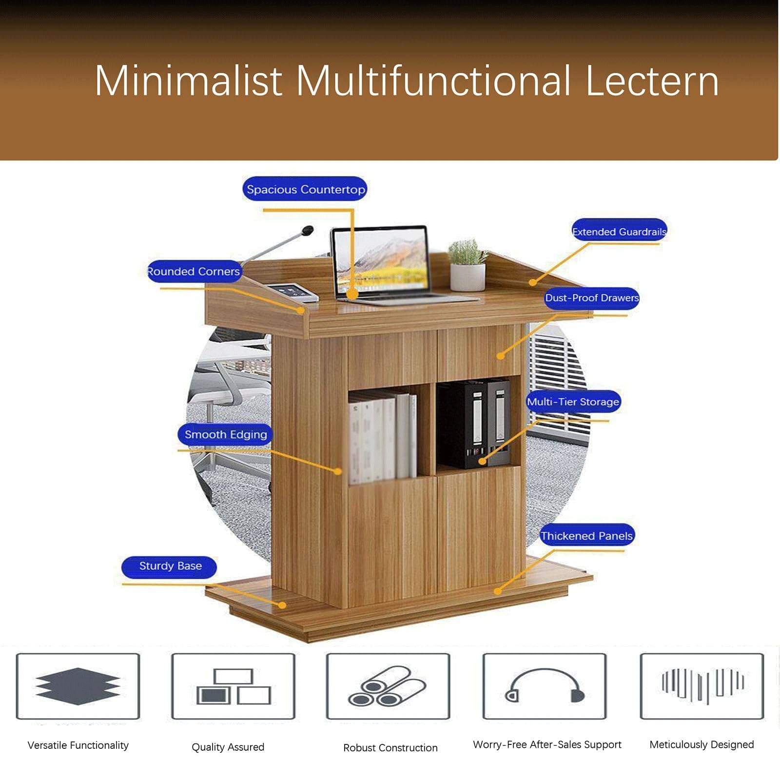 Support de Podium en Bois, chaire d'église Robuste avec roulettes verrouillables, Support d'hôtesse sur Pied Mobile avec pupitre de Rangement(Light Walnut)