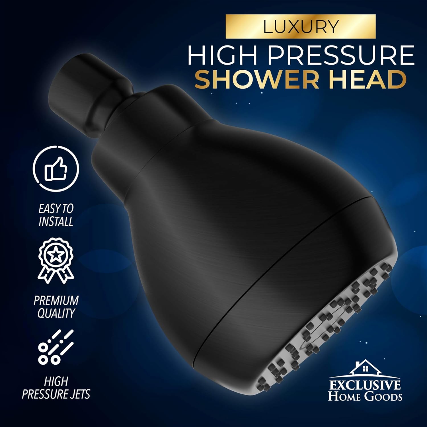 High Pressure Shower Head Matte Black - Powerful Deluxe Bathroom Showerhead with Strong Spray Stream and Small Silicone Nozzles - Universal Fit Works with High and Low Water Flow Showers-2.5 GPM