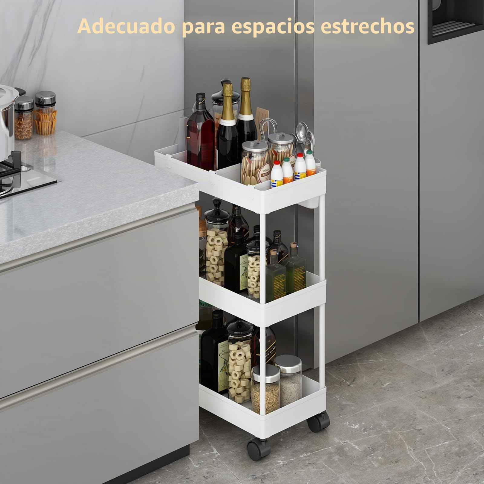 Pack of 3 Carrito Auxiliar Baño con Ruedas 3 Niveles Ahorro de Espacio Carro Organizador con Ganchos y Tazas de Cocina Oficina (Blanco)