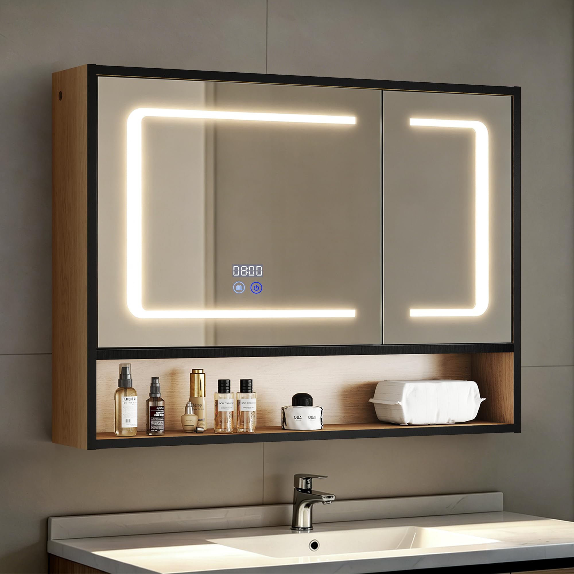 Pamapic Armario de Baño, Armario Baño con Espejo y Luz, Mueble de Pared con Antibruma & Indicador de Hora y Temperatura,3 Colores de Luz & Brillo Regulable, Muebles de Baño, 16 x 80 x 60 cm