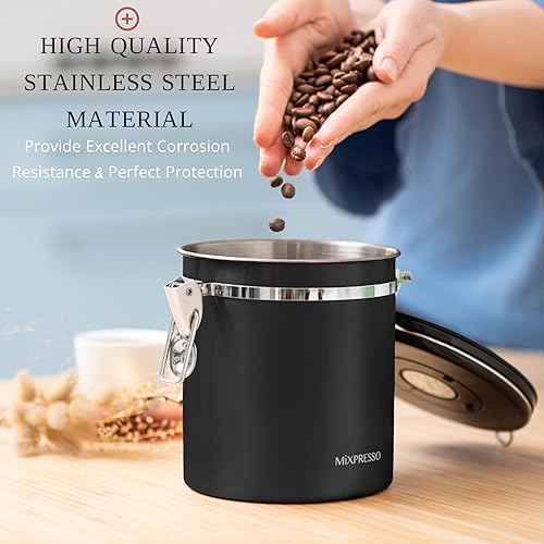 Miniatura 5 de Mixpresso Contenedor de café hermético de acero inoxidable negro con seguimiento de fecha para todo tipo de café recipiente hermético sellado al
