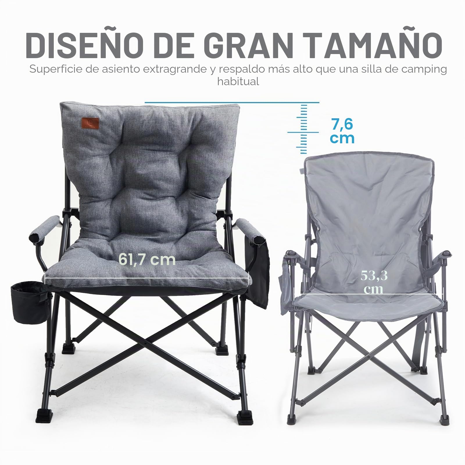 EVER ADVANCED Silla de Camping para Adultos de Gran tamaño, Resistente y Extra Ancha con reposabrazos Duro, 230 kg, Silla Plegable Acolchada de 6 cm, Bolsillo Lateral