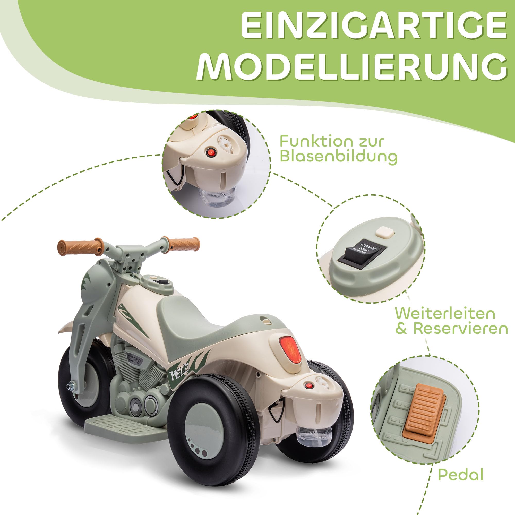 Moto elettrica per bambini AIYAPLAY, moto per bambini da 6V con musica, bolle di sapone, veicolo per bambini con faro, 2,5-3 km/h, per bambini da 2 a 5 anni, max. 30 kg, bianco crema