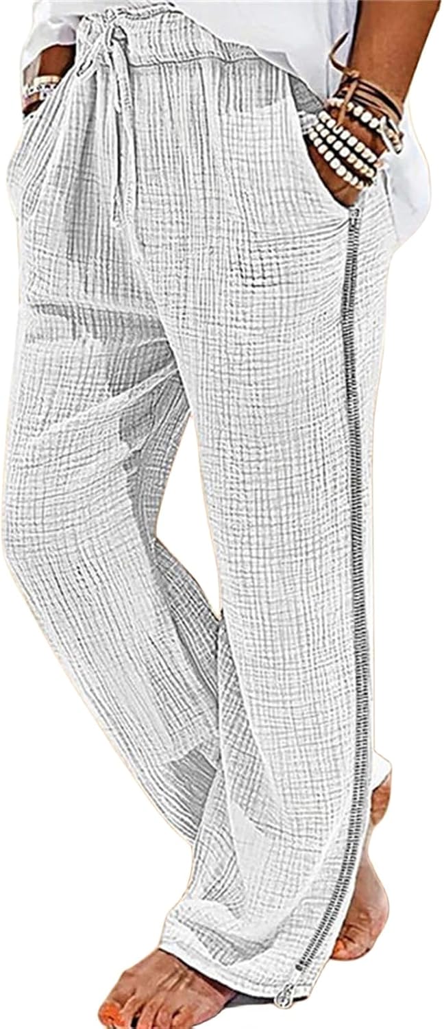 Mens Cotton Linen Drawstring Pants Elastic Waist Casual Jogger Yoga Pants Lightweight Summer Beach Pants for Men