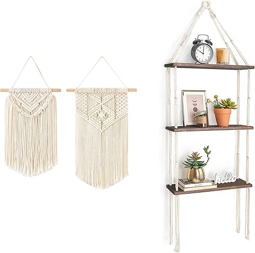 Miniatura 1 de Mkono Macramé para colgar en la pared, estilo bohemio, decoración de habitación, estantes de almacenamiento para baño, dormitorio, sala de estar,