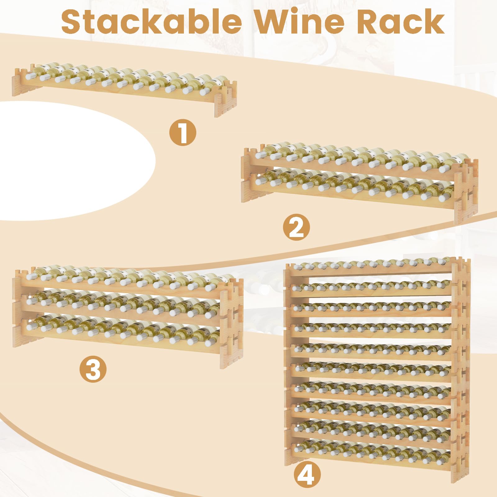 FANTASK Weinregal Holz für 120 Flaschen, Flaschen Modular mit 10 Ebenen, Flaschenregal stapelbar, Holzregal für Küche, Esszimmer, Bar, Keller, 120 x 29 x 128 cm