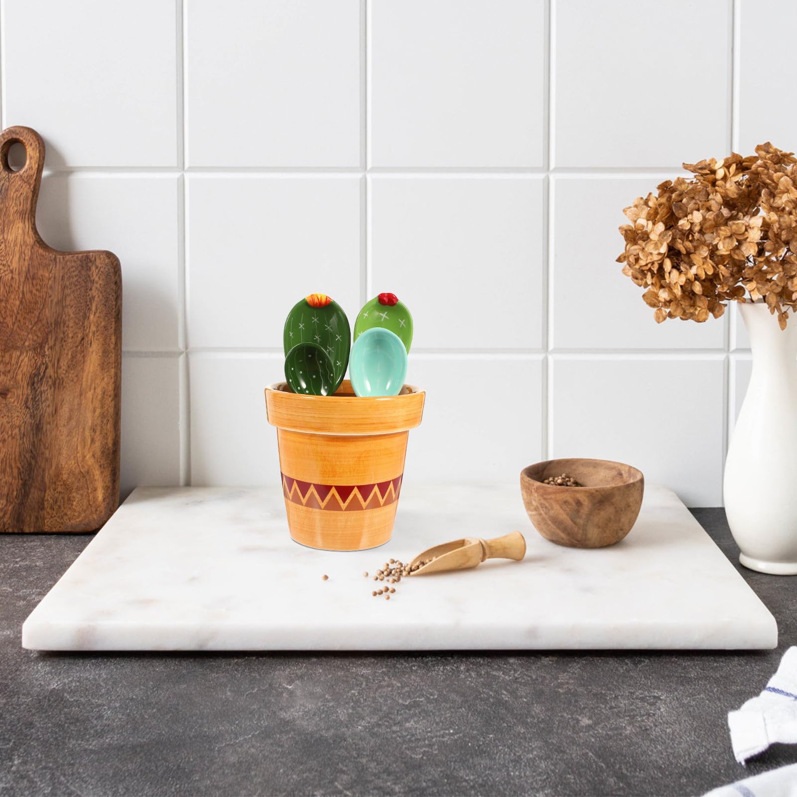 Zestaw łyżek z ceramicznym uchwytem i stopniowaną podstawą, wzór kaktusowy, pojemność 290 ml do pieczenia, zastosowań kuchennych, proszku pomiarowego, cukru, przypraw