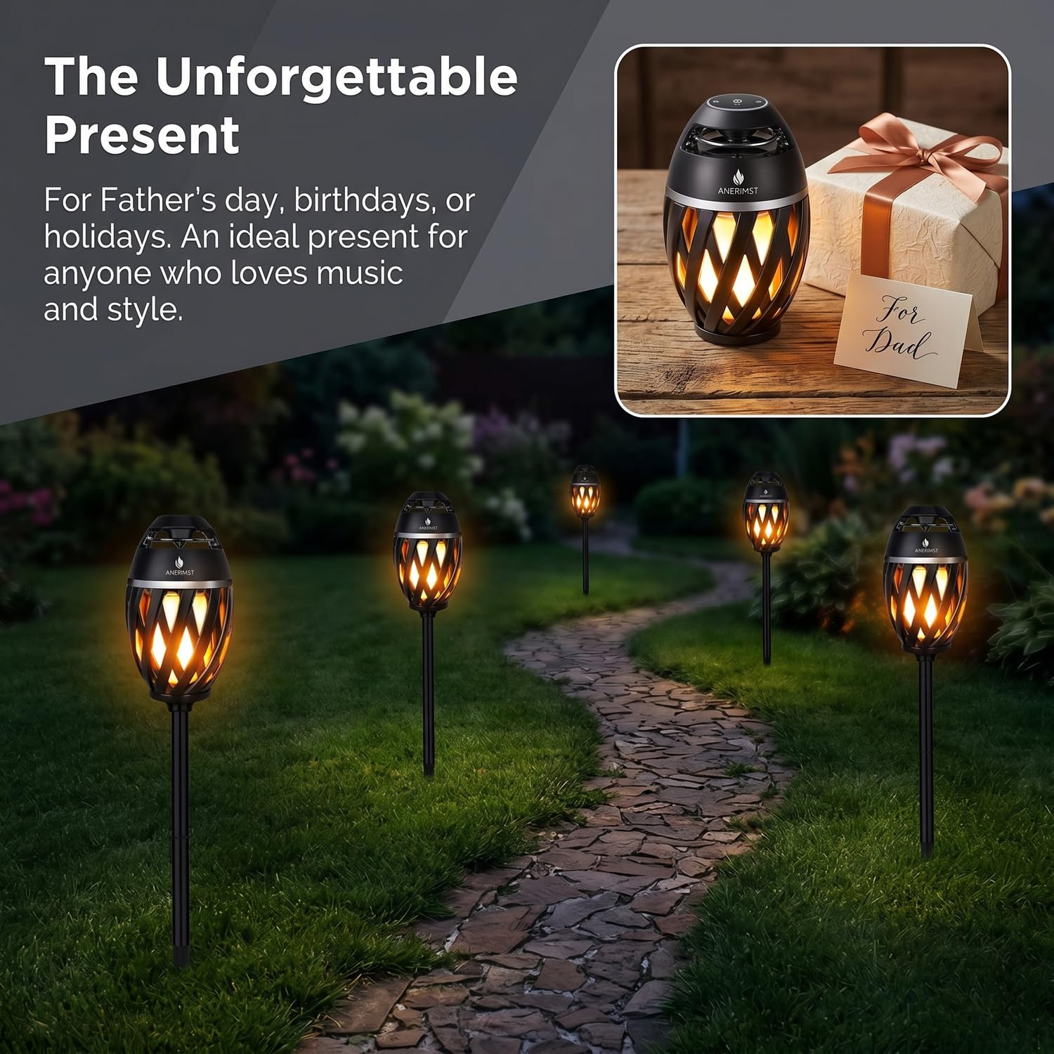 ANERIMST Altavoces Bluetooth para exteriores con luz LED de antorcha, altavoz inalámbrico e impermeable para jardín, patio, sonido de 360°, tiempo de reproducción de 24 horas para hombres, paquete de