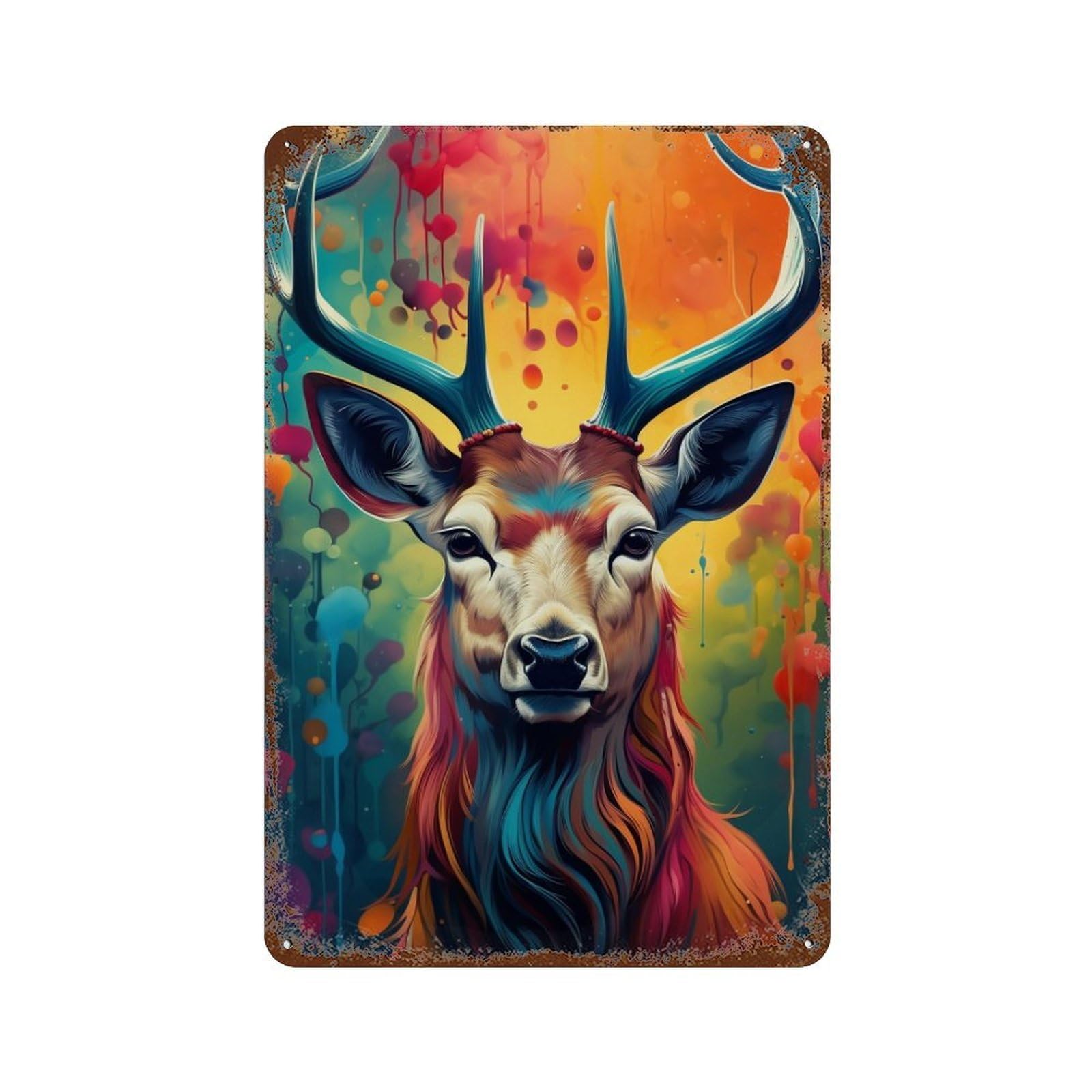 Rust Effect Colorful Deer Art Print Rustic Tin Plaque 11.8"x7.9", Industrial Home Decor for Bistro, Counter And Cafe Decor