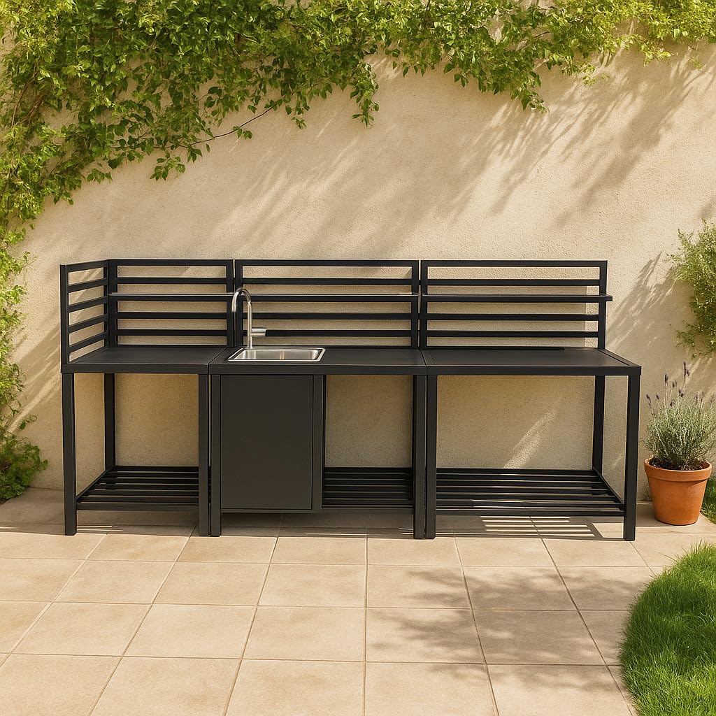 Cocina Exterior Modular de Aluminio de 3 Piezas en Gris Antracita | Fregadero de Acero Inoxidable | Almacenamiento Inteligente | Configuración Personalizable | Ideal Jardín o Terraza Barbacoa Parilla