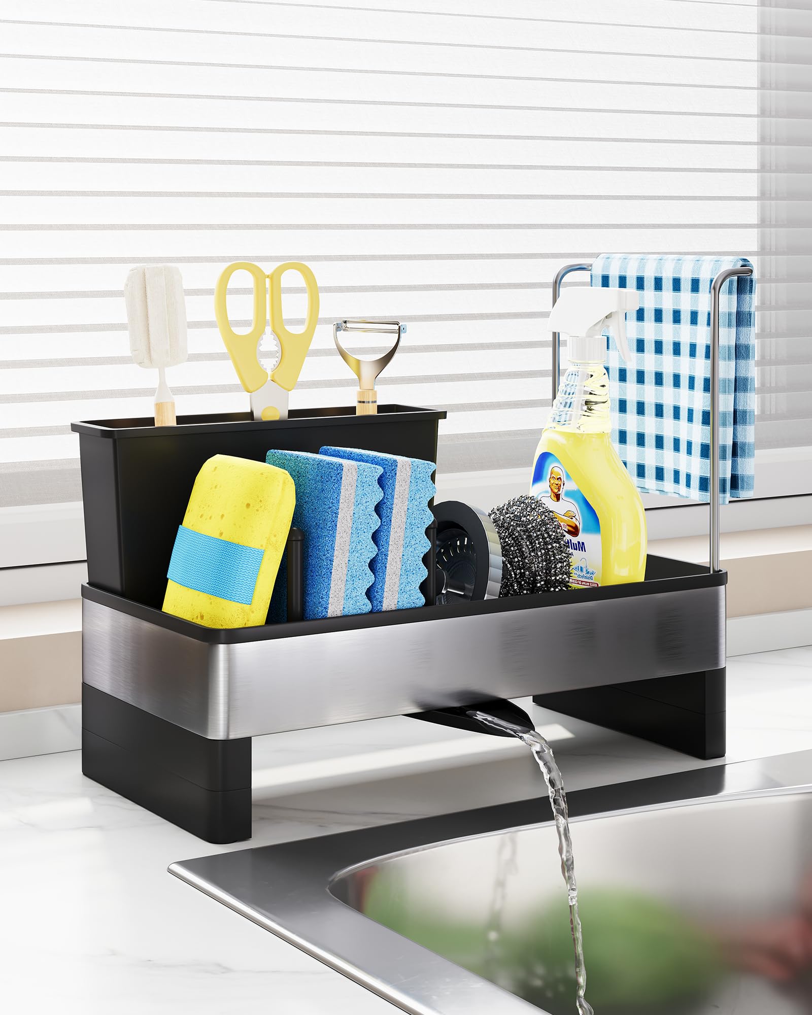 Eleancy Küchen Spülbecken Organizer – Schwammhalter mit automatischer Abflussfunktion – für Schwämme, Bürsten & Handtücher (Küche), Spülutensilien-Aufbewahrung & Küchenorganisation (Schwarz)