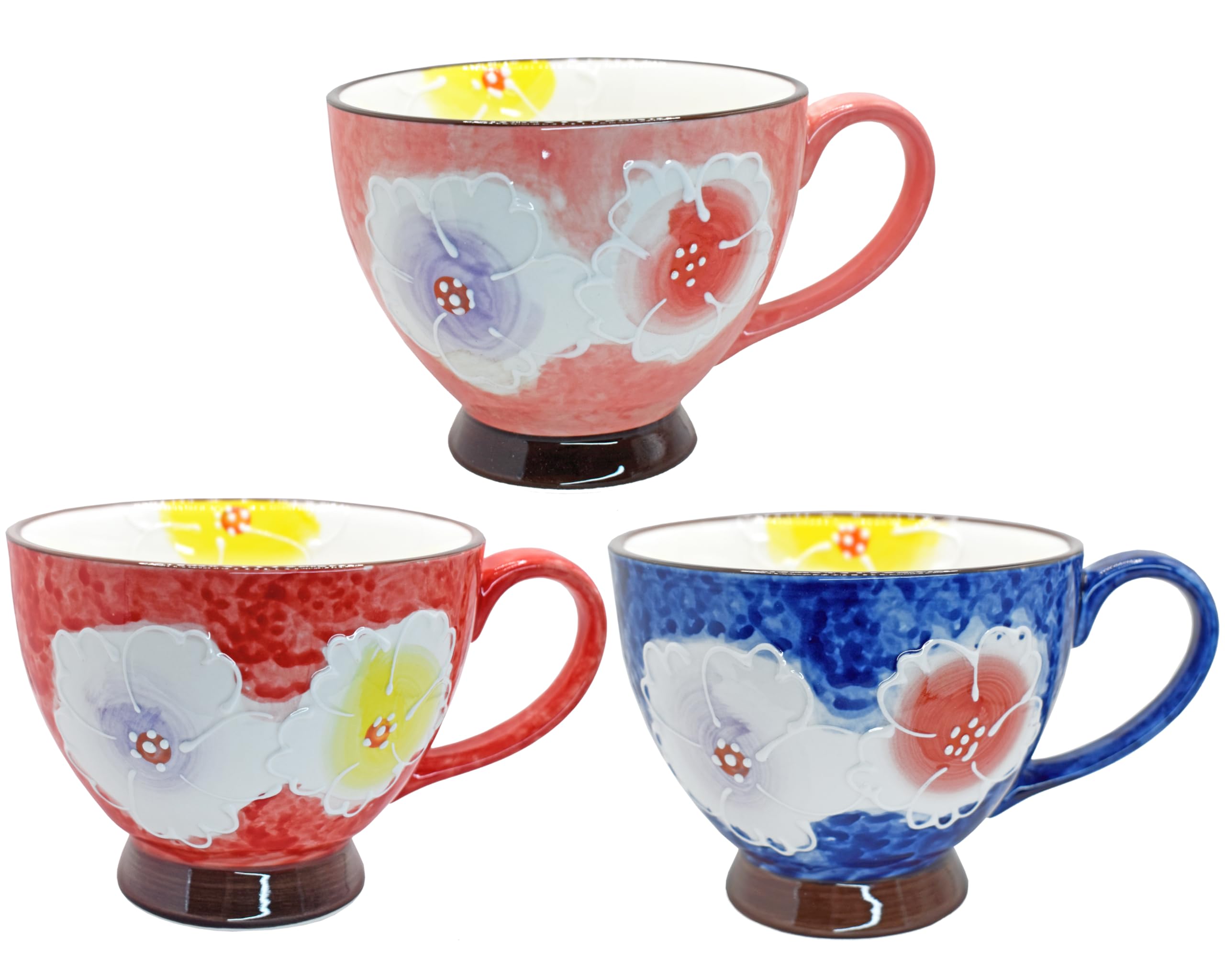 Set of 3 Coffee Mug Large Ceramic Mug Floral Embossed Design Tea Cup for Tea Hot Chocolate Latte Cappuccino 16oz / 450ml Microwave & Dishwasher Safe (Pink+Red+Blue(A/3pcs))