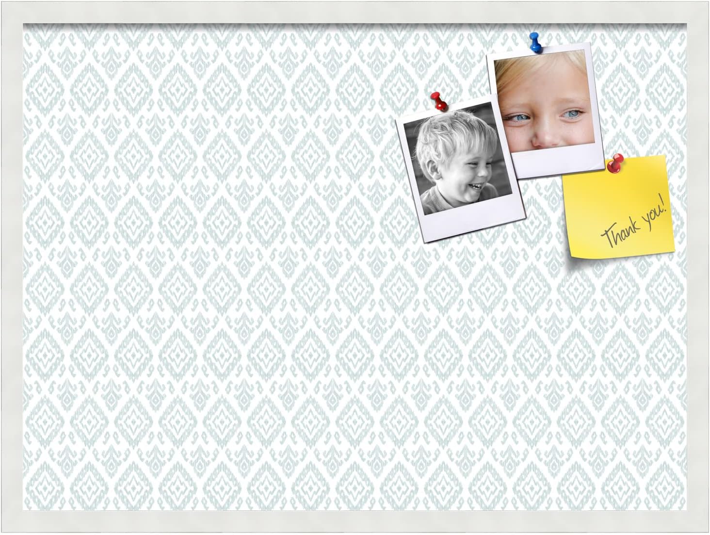 PinPix 30x22 inch Cork Bulletin Board. This Decorative Framed Pin Board Comes with Ikat Vintage Lt Green Design and Satin White Frame. Ideal for Home, Office Decor or School (PinPix-1597)