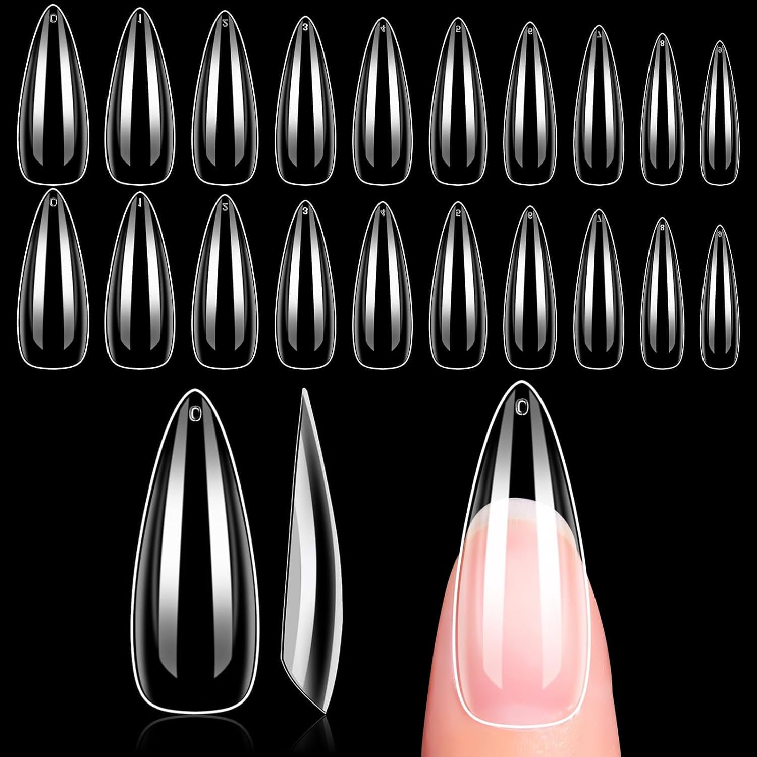Makartt Long Almond Nail Tips - 500Pcs 10 Sizes Full Cover Clear False Nails, for Gel Extensions & DIY Press on Nails, Narrow Fit for Small Nail Beds & Slim Fingers