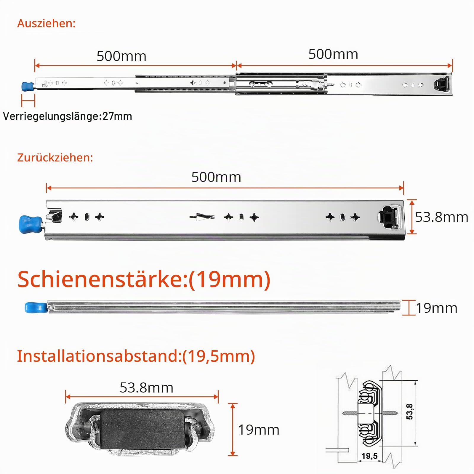 GETLITOOL 1 Paar (2 Stück) Schwerlast Schubladenschiene 500 mm, Schwerlastauszüge Vollauszug mit Lock-in/out Einrastfunktion Schwere Kugellager Schubladenschienen inkl. Schloss bis 120KG Tragkraft