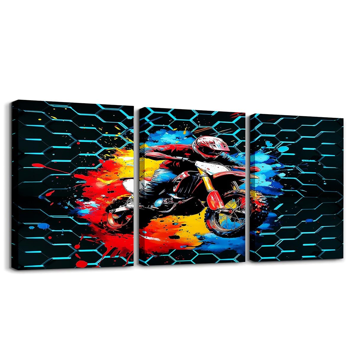 Homemissing Motorcycle Canvas Wall Art for Living Room Bedroom,40X30cmx3pcs,Dirt Bike Picture Wall Decor,Flame Print Office Decorations Artwork Posters,Extreme Sports Painting Cool Modern