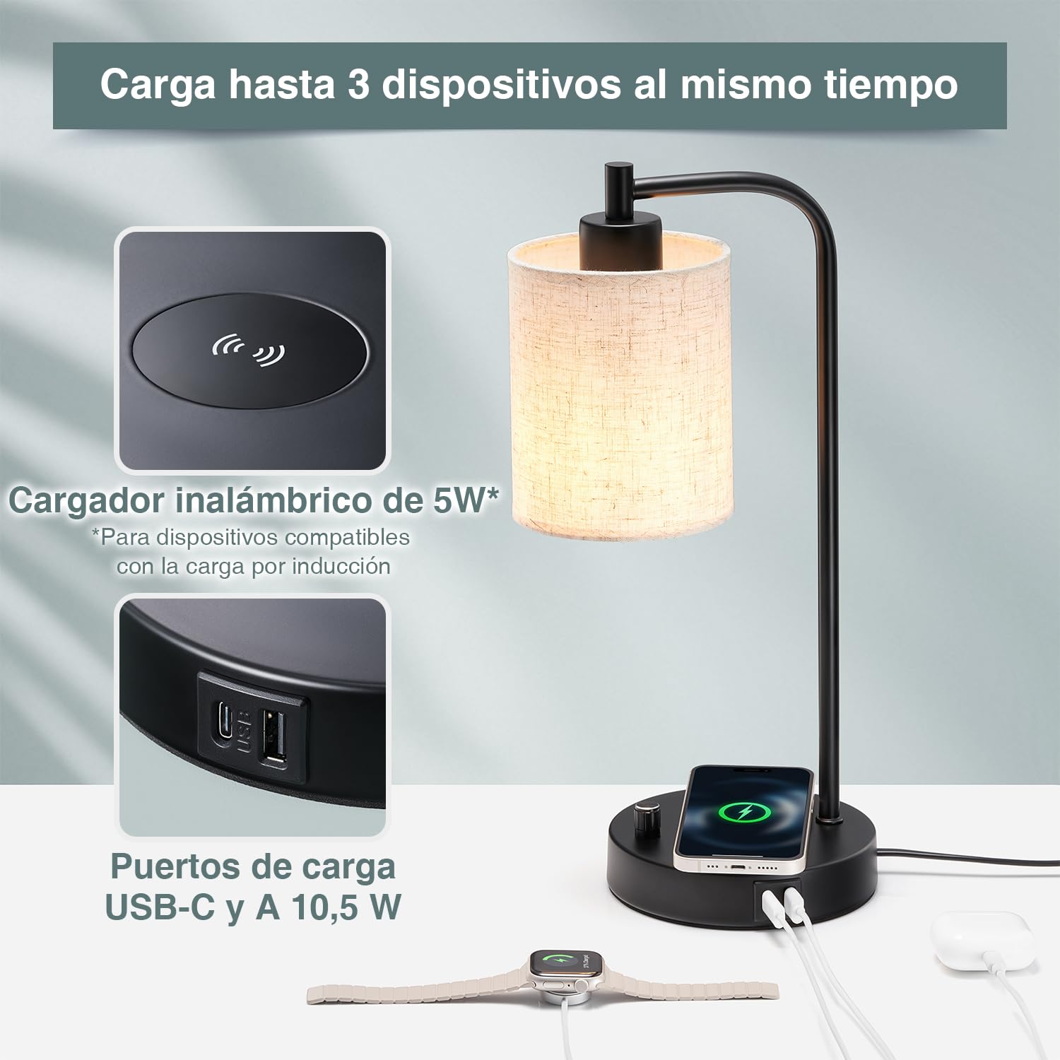 Lámpara de mesita de noche LED con cargador inalámbrico y puertos de carga USB-C+A, lamparas de escritorio, lectura, ideal para colocar sobre mesilla de noche, intensidad variable, pantalla de lino