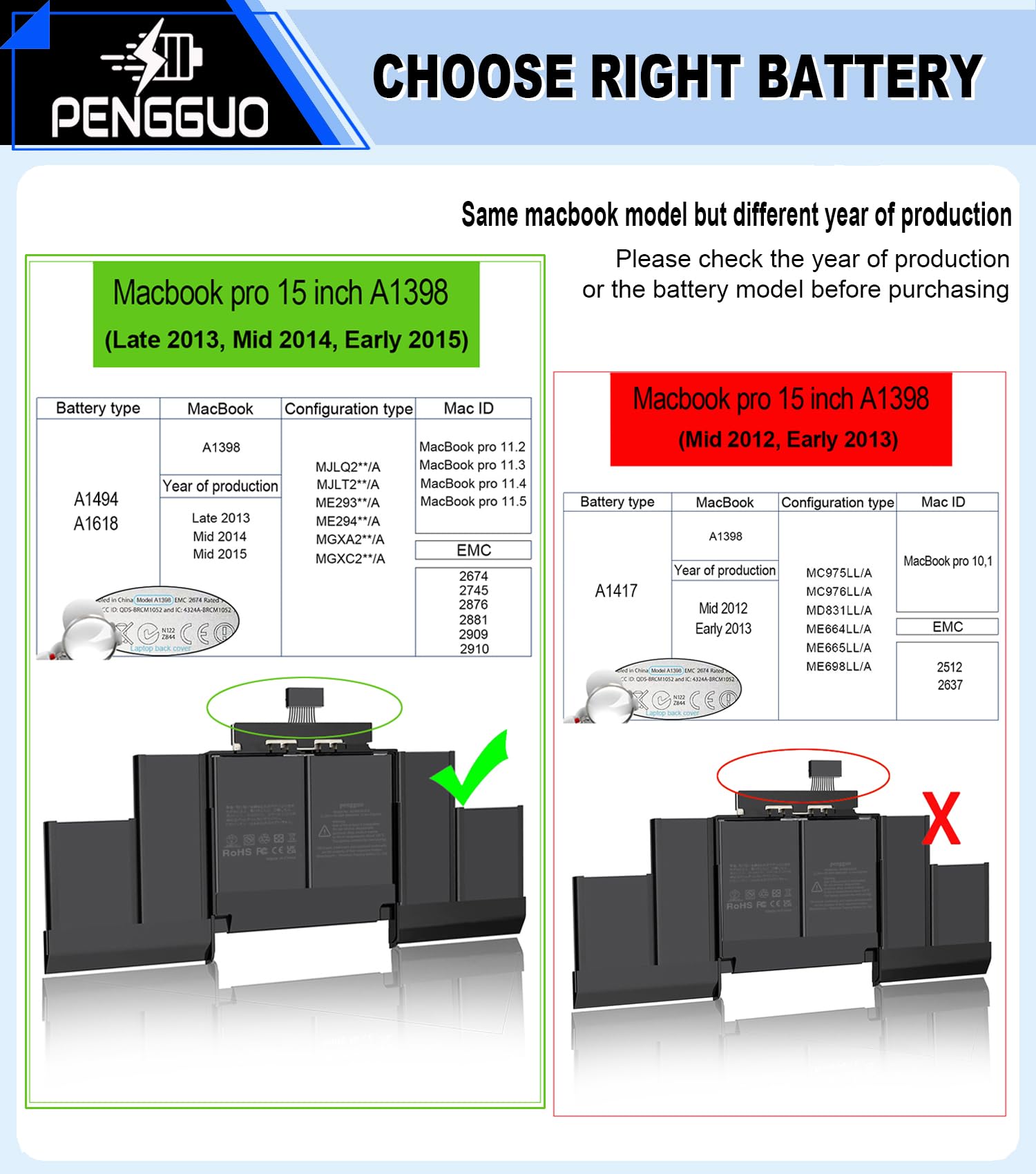 Batteria per MacBook Pro 15 pollici Retina A1398 (fine 2013, metà 2014, inizio 2015) Batteria sostitutiva per laptop modello A1494 A1618 Batteria 8440 mAh (VERSIONI 6.2 AGGIORNATE)