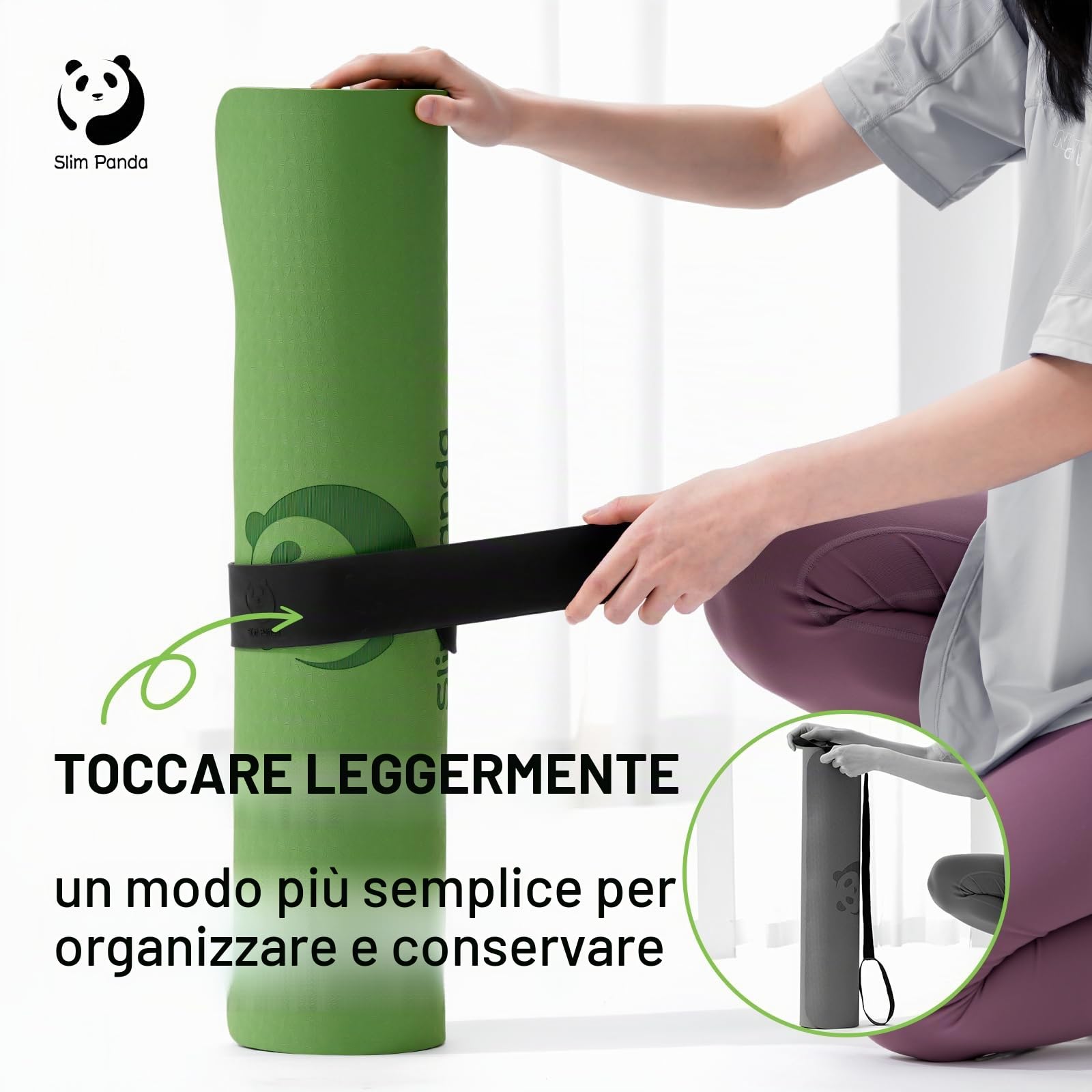 Slim Panda Fascia a Scatto per Tappetino Yoga - Avvolgimento Autoavvolgente in 1 Secondo, Cinghia Porta Materassino per Palestra e Viaggio, Tappetino Non Incluso