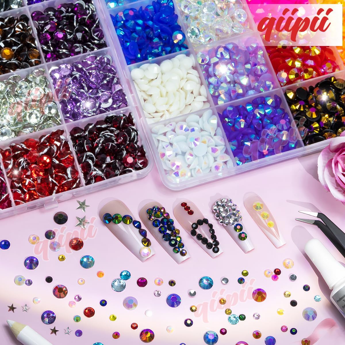 qiipii 48 Color 6mm Jelly AB & Crystal Colorful Resin Rhinestones for Bedazzling Crafting SS30 Flatback Stones Gems Diamonds Charms for Nails Eyes Face Makeup Beauty Tumblers Bottles DIY Crafts Shoes