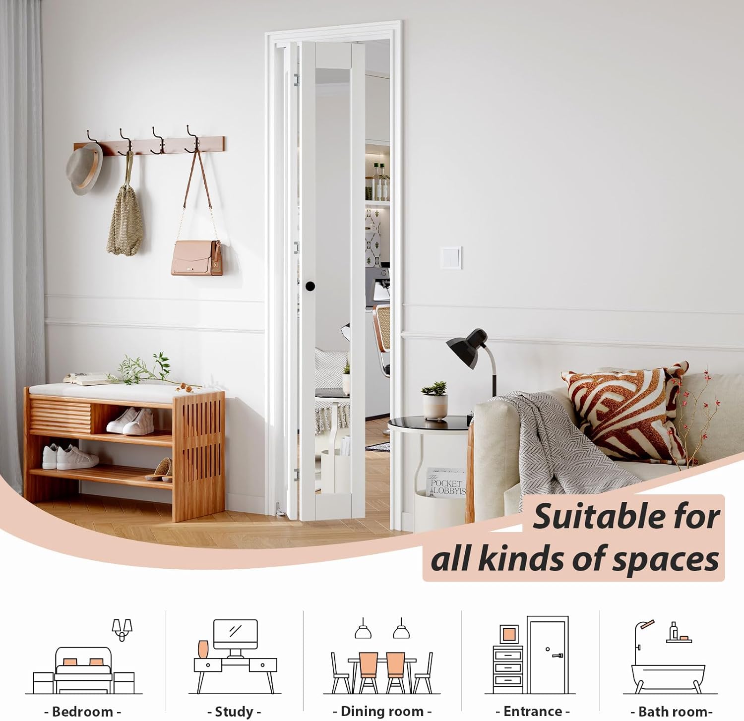FREDBECK Preassembled Bifold Mirrored Barn Doors for 24x80 Opening,Interior folding Closet Door and Hardware Kit Included, PVC Surface, White,for Pantry,Laundry Room