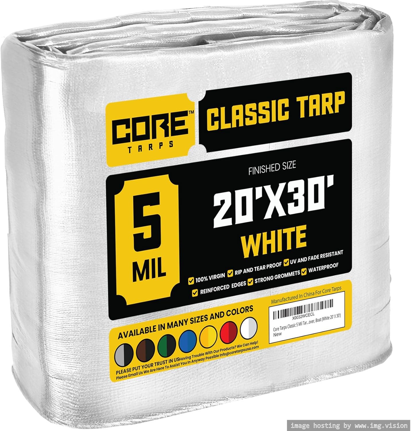 Core Tarps Classic 5 Mil Tarp Cover, Waterproof, UV Resistant, Rip and Tear Proof, Poly Tarpaulin with Reinforced Edges for Roof, Camping, Patio, Pool Cover, Boat (White 20 X 30)