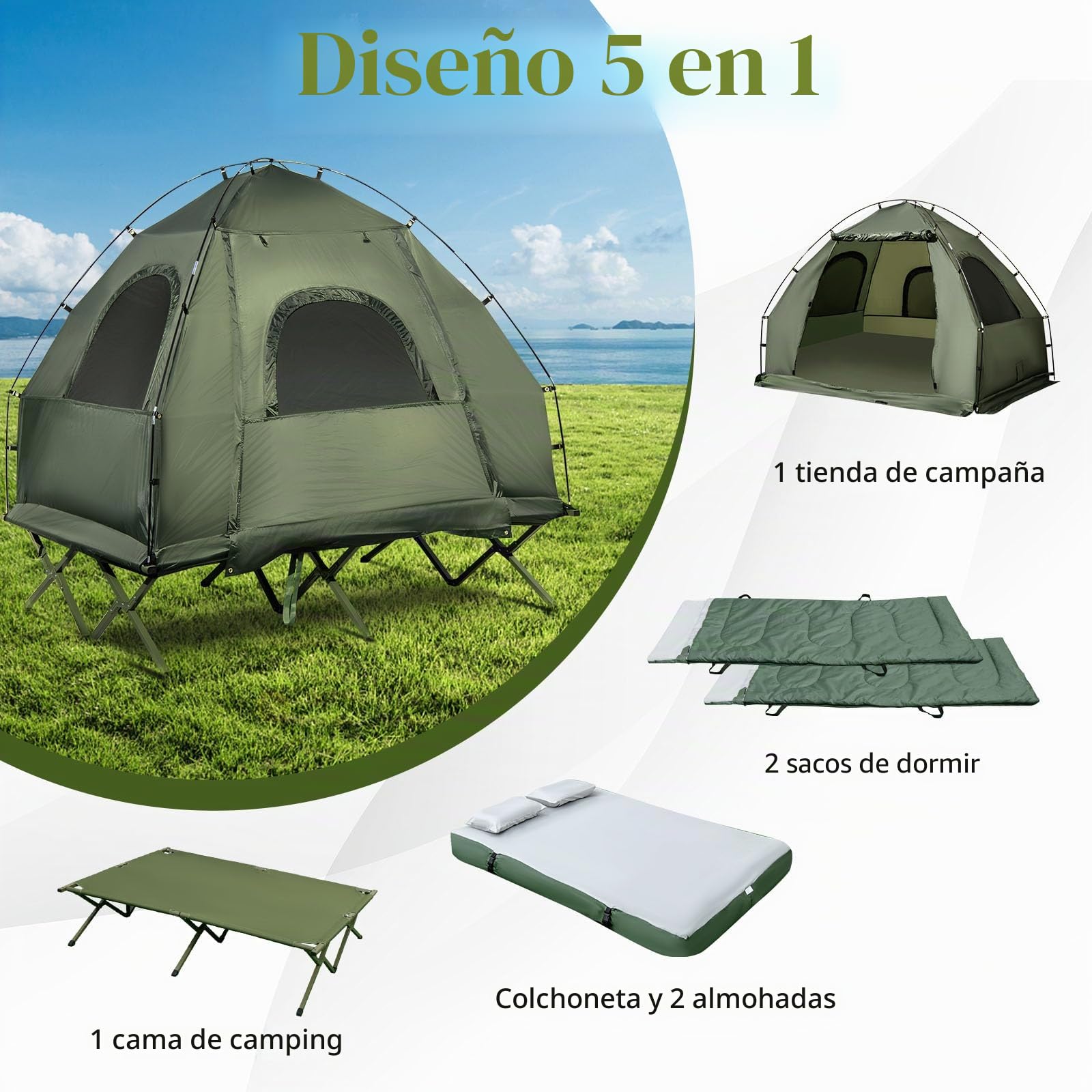 GYMAX Tienda de Campaña Plegable 5 en 1, Combinación de Tienda con colchón de Aire y Almohadas, Sacos de Dormir, Sombrilla, Tienda de cúpula para 2 Personas