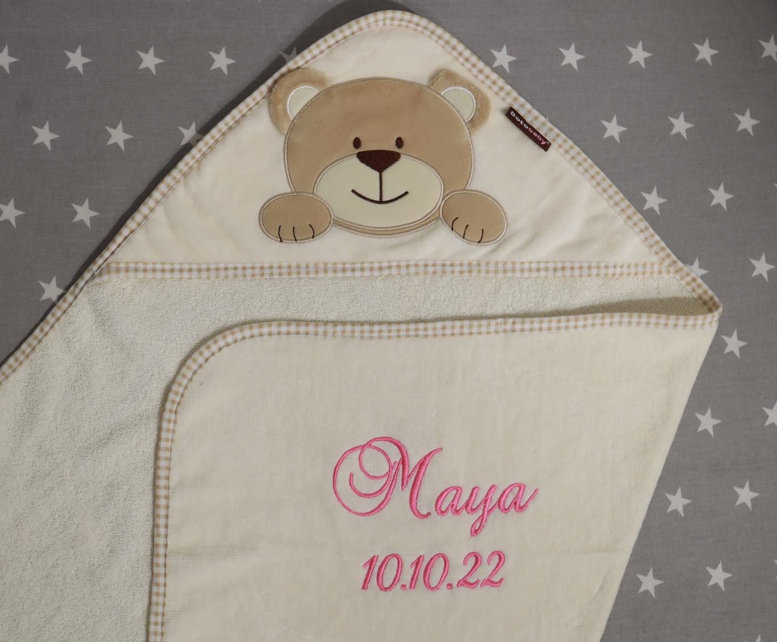 BotoBaby® Kapuzentuch mit Namen Bestickt Handtuch MIT Kapuze ★ 100% Baumwolle ★100x100 cm ★ 75x75 cm ★ Geschenk ★ Geburt ★ Taufe ★ (Beige - Bär, 100 x 100 cm)